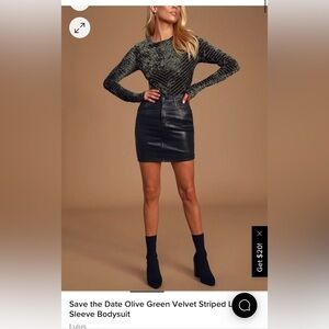 Lulu’s Olive Green Velvet Striped Bodysuit